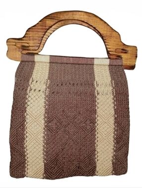 Brown Vintage Macrame Purse Carved Wood Hippie Bag Bohemian Boho Tan Stripe Tote